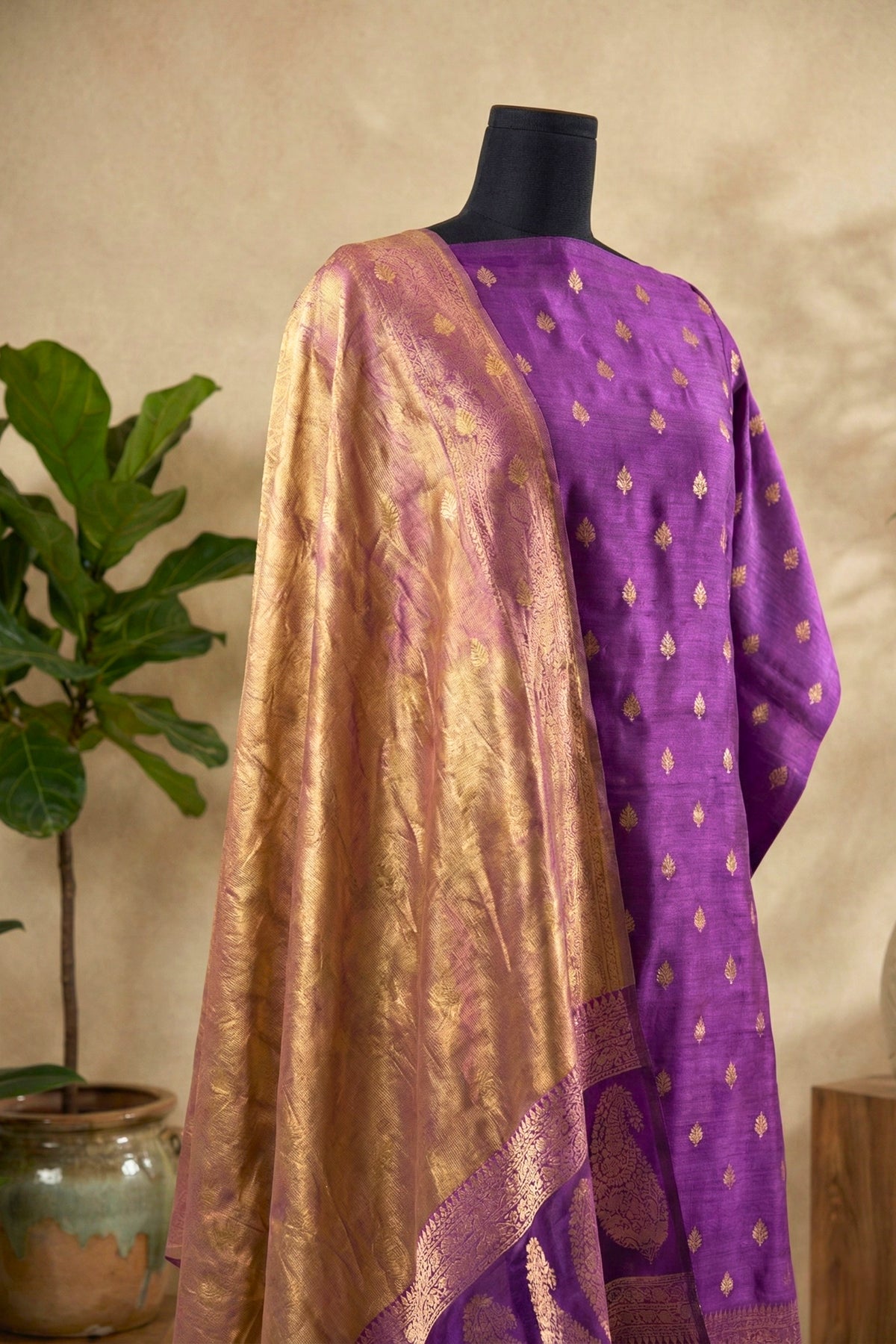Royal Violet Chiniya Silk Unstitched Suit Set with Golden Tissue Dupatta