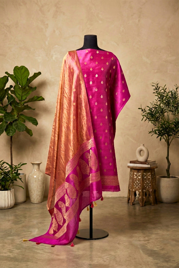 Magenta Chiniya Silk Unstitched Suit Set with Rose Gold Tissue Dupatta