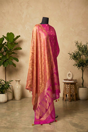 Magenta Chiniya Silk Unstitched Suit Set with Rose Gold Tissue Dupatta