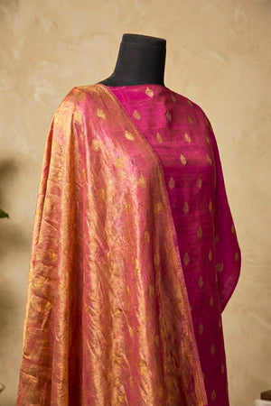 Magenta Chiniya Silk Unstitched Suit Set with Rose Gold Tissue Dupatta