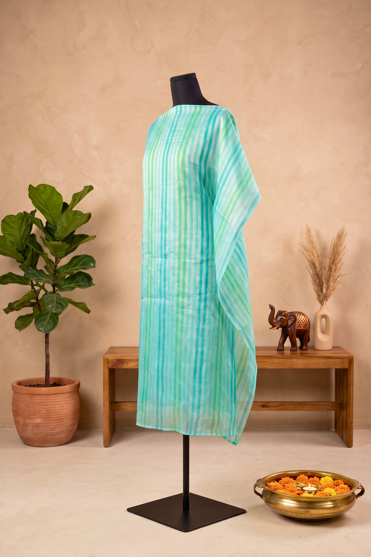 Aqua & Green Striped Organza Unstitched Suit Material by Label Tamanna