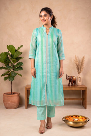 Aqua & Green Striped Organza Unstitched Suit Material by Label Tamanna
