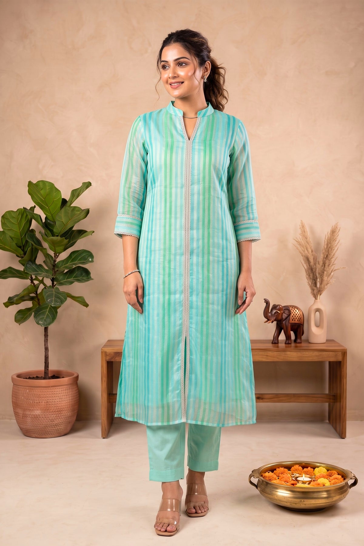 Aqua & Green Striped Organza Unstitched Suit Material by Label Tamanna