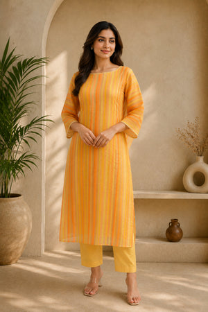 Yellow & Orange Striped Organza Unstitched Suit Material by Label Tamanna