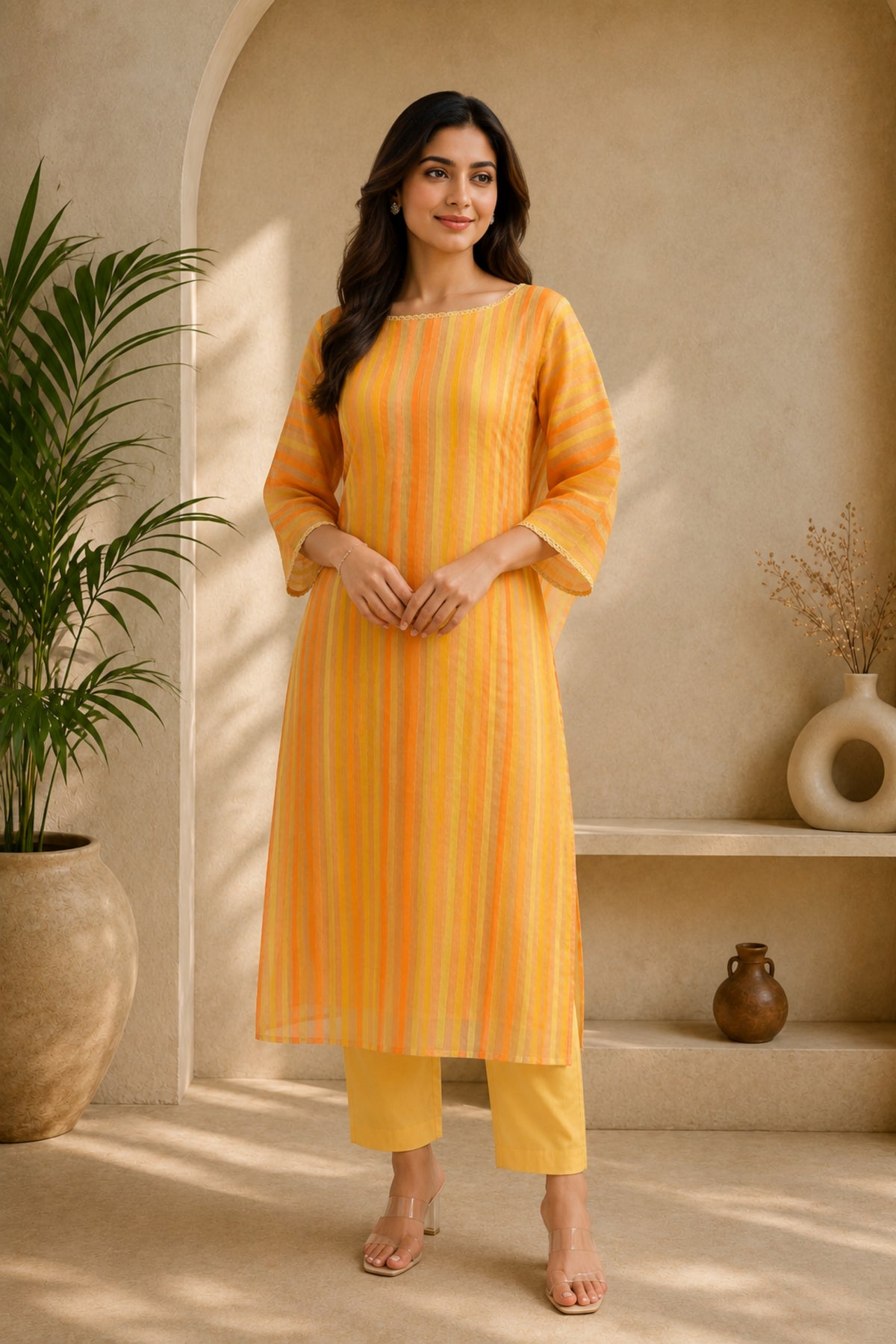 Yellow & Orange Striped Organza Unstitched Suit Material by Label Tamanna