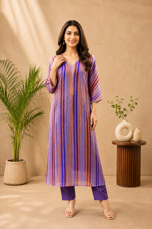 Purple & Peach Striped Organza Unstitched Suit Material by Label Tamanna