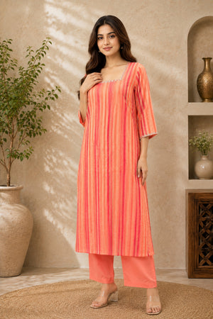 Pink & Coral Striped Organza Unstitched Suit Material by Label Tamanna