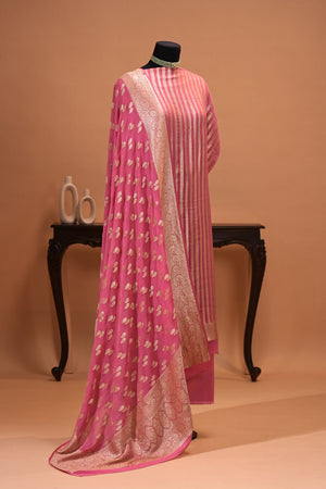Pink Banarasi Georgette Zari Weave Unstitched Suit Set by Label Tamanna