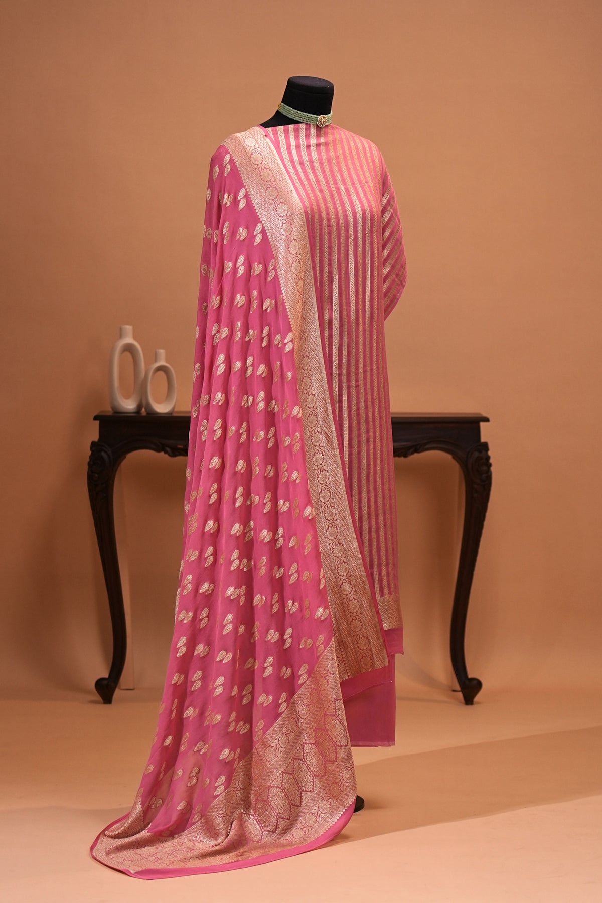 Pink Banarasi Georgette Zari Weave Unstitched Suit Set by Label Tamanna