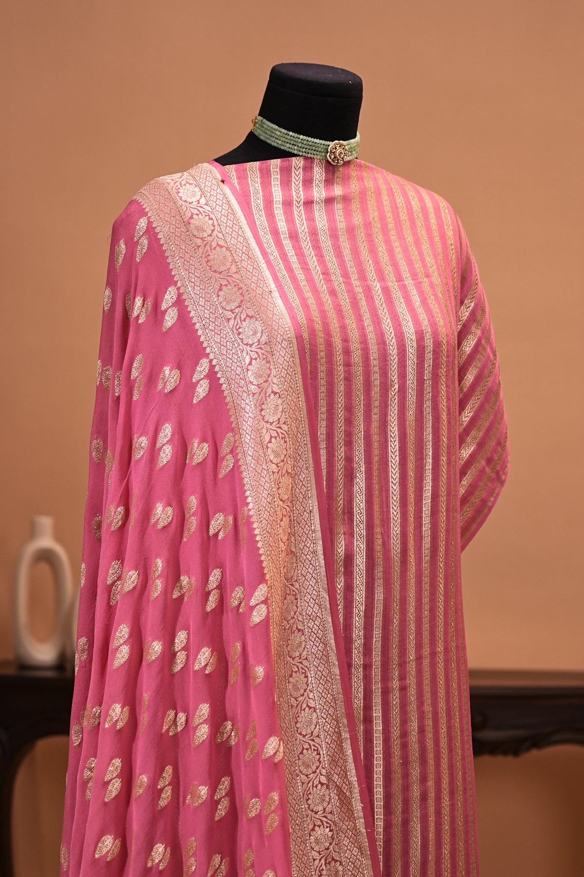 Pink Banarasi Georgette Zari Weave Unstitched Suit Set by Label Tamanna