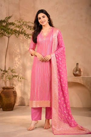 Pink Banarasi Georgette Zari Weave Unstitched Suit Set by Label Tamanna