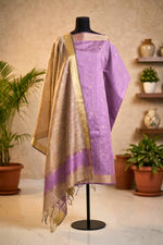 Lilac & Beige Chanderi Unstitched Suit Set with Zari Butis by Label Tamanna