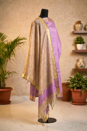 Lilac & Beige Chanderi Unstitched Suit Set with Zari Butis by Label Tamanna