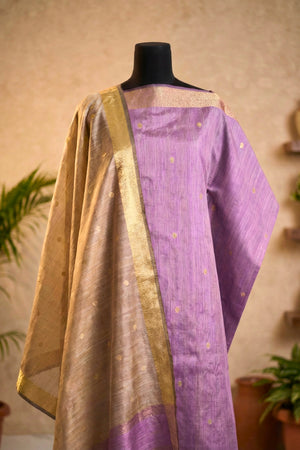 Lilac & Beige Chanderi Unstitched Suit Set with Zari Butis by Label Tamanna