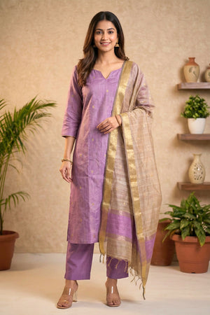 Lilac & Beige Chanderi Unstitched Suit Set with Zari Butis by Label Tamanna