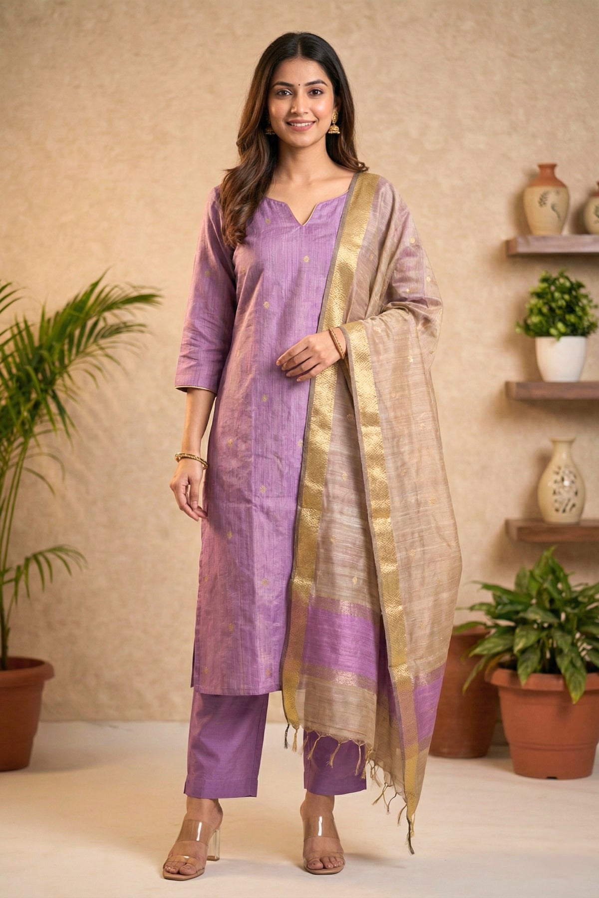 Lilac & Beige Chanderi Unstitched Suit Set with Zari Butis by Label Tamanna