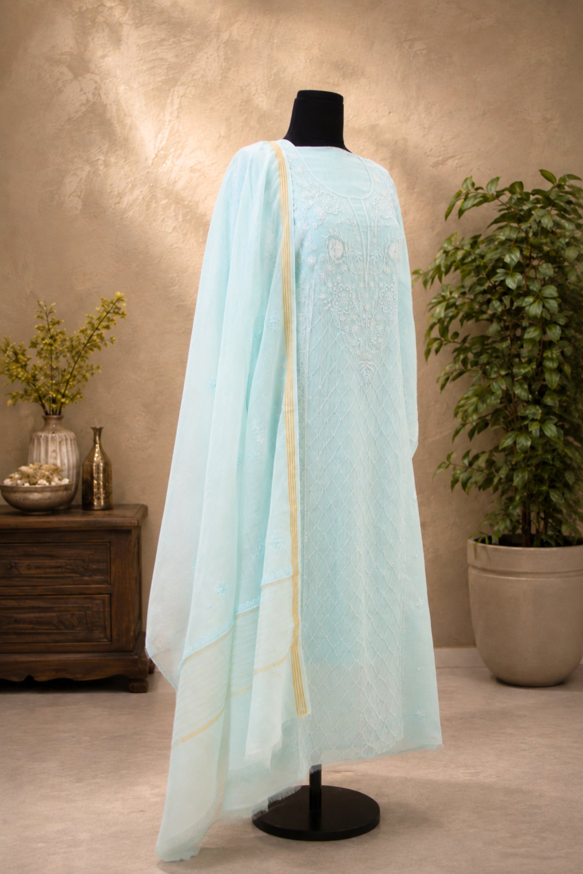 Powder Blue Chikankari Mul Chanderi Unstitched Suit Set