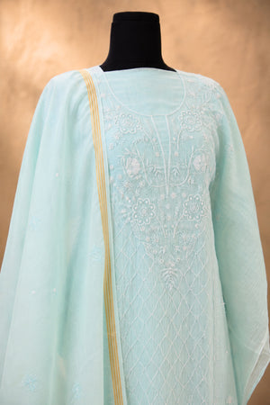 Powder Blue Chikankari Mul Chanderi Unstitched Suit Set