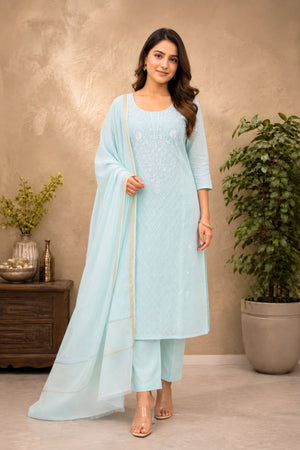 Powder Blue Chikankari Mul Chanderi Unstitched Suit Set
