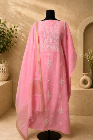 Pink Chikankari Mul Chanderi Unstitched Suit Set