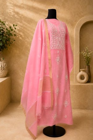 Pink Chikankari Mul Chanderi Unstitched Suit Set