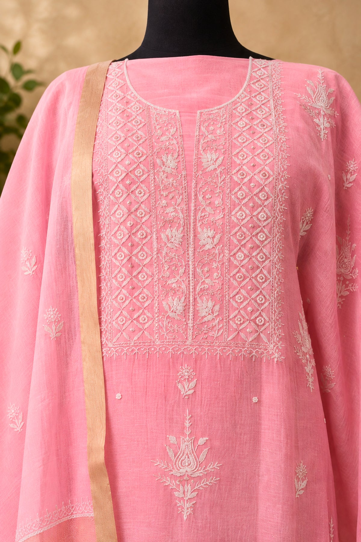 Pink Chikankari Mul Chanderi Unstitched Suit Set