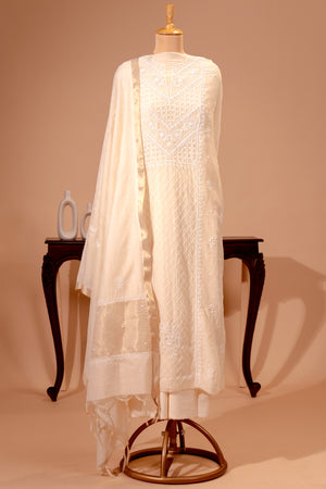 Ivory White Chikankari Mul Chanderi Unstitched Suit Set | Label Tamanna