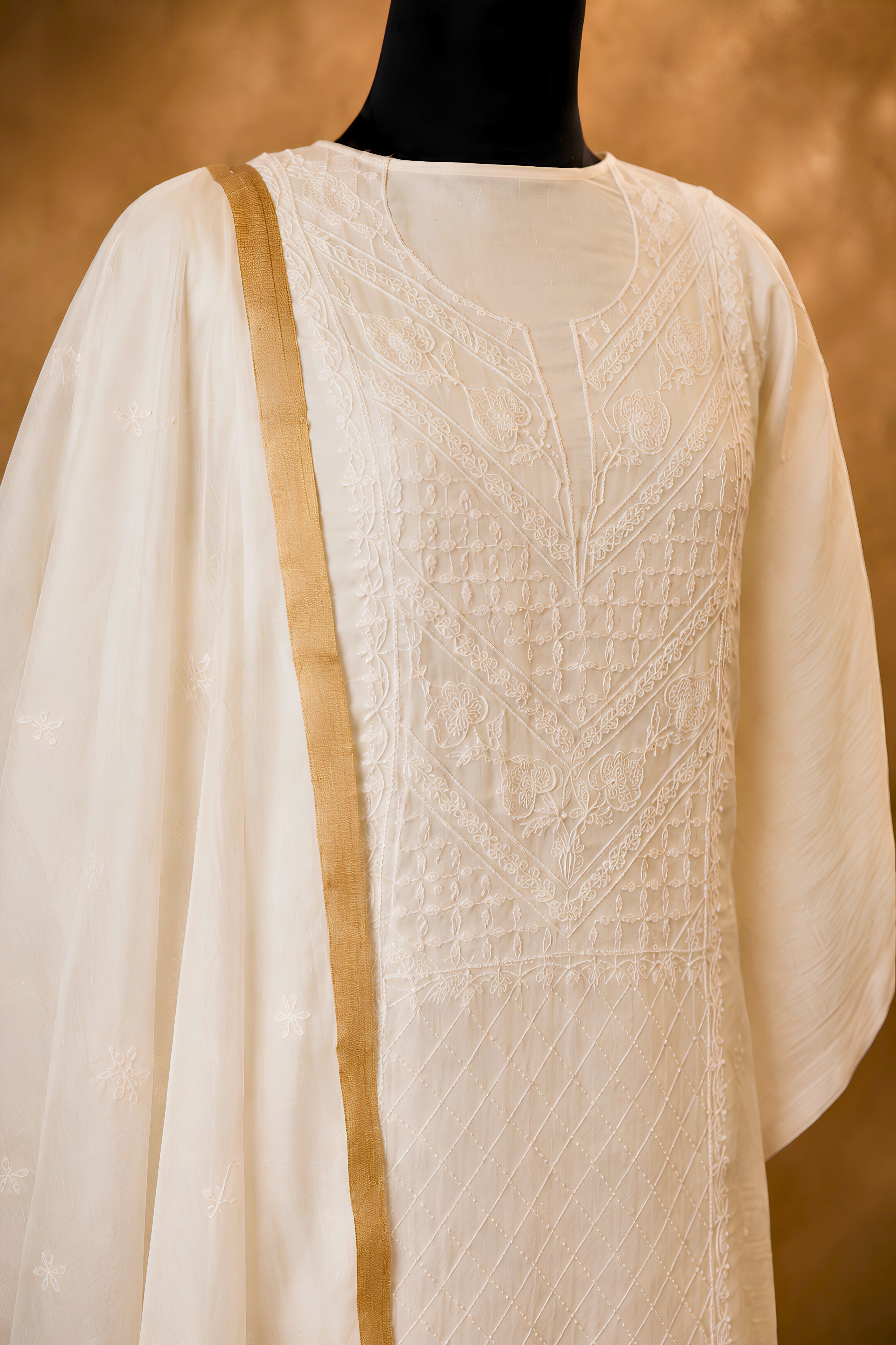 Premium Dyeable Chikankari Mul Chanderi Unstitched Suit Set with Zari Border