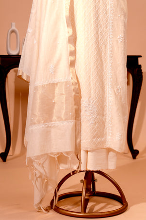 Ivory White Chikankari Mul Chanderi Unstitched Suit Set | Label Tamanna