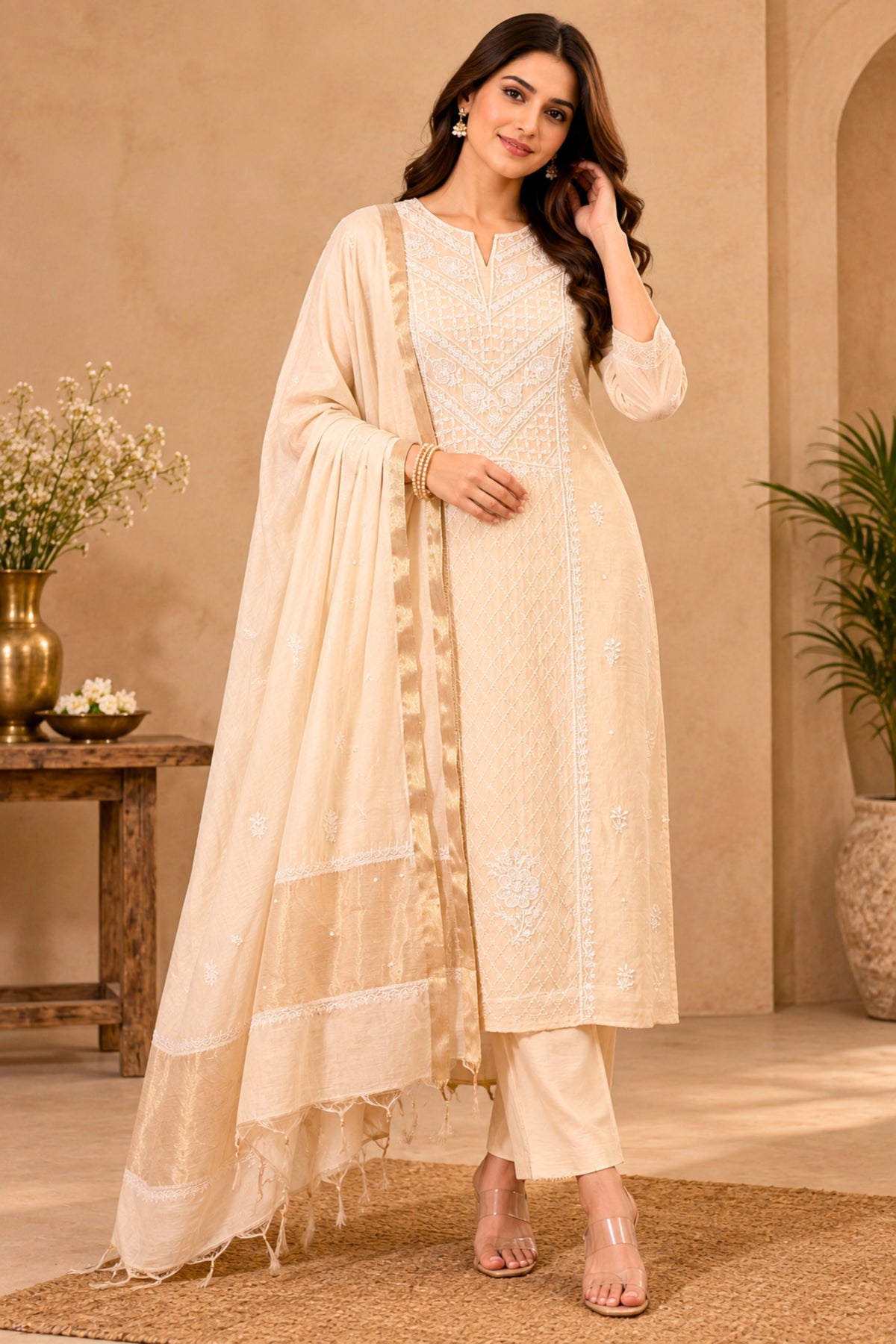 Ivory White Chikankari Mul Chanderi Unstitched Suit Set | Label Tamanna
