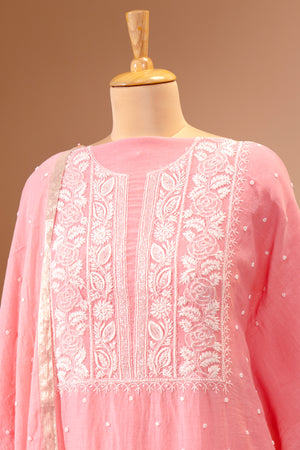 Pastel Pink Chikankari Mul Chanderi Unstitched Suit Set | Label Tamanna