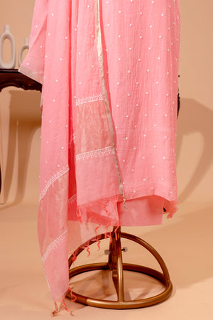 Pastel Pink Chikankari Mul Chanderi Unstitched Suit Set | Label Tamanna