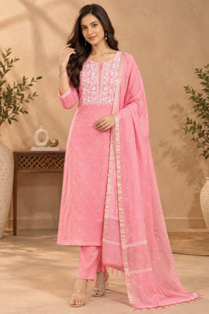 Pastel Pink Chikankari Mul Chanderi Unstitched Suit Set | Label Tamanna