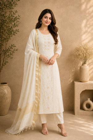 Dyeable Chikankari Mul Chanderi Unstitched Suit Set by Label Tamanna