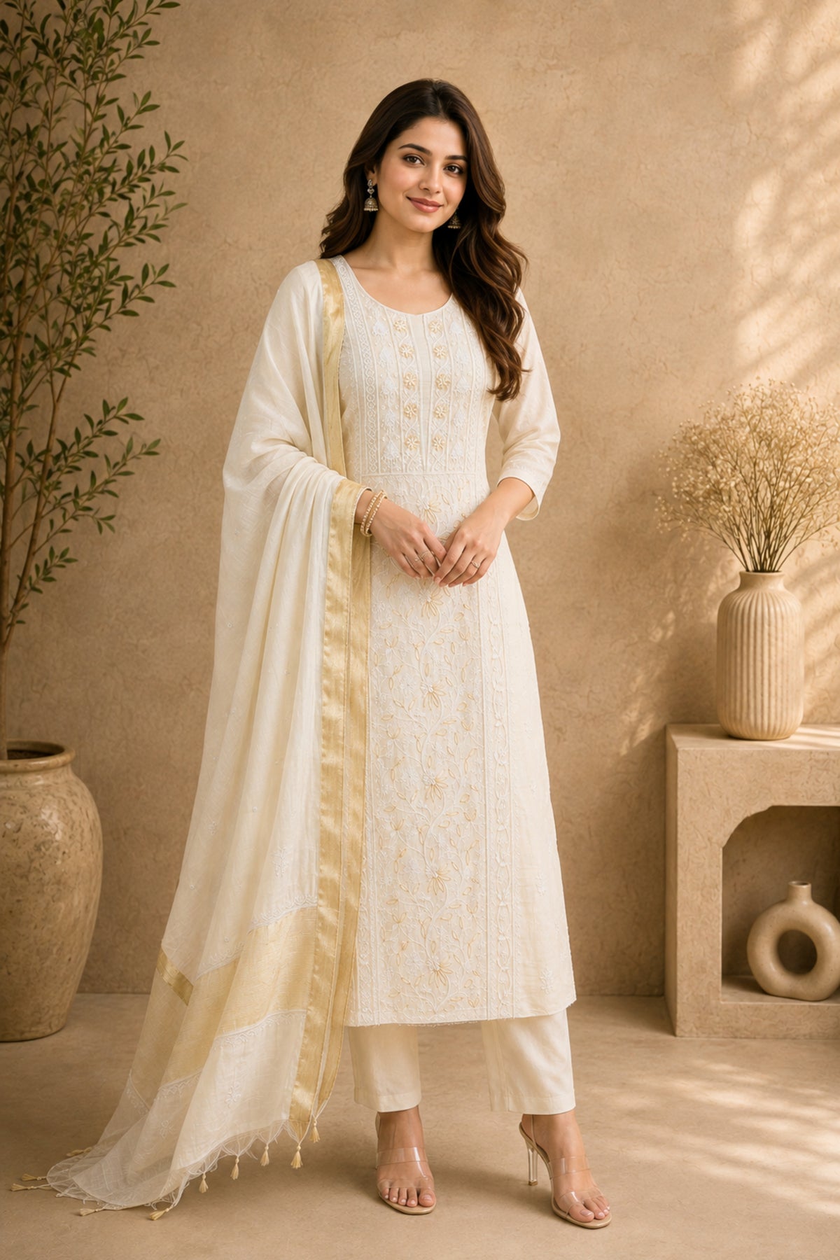 Dyeable Chikankari Mul Chanderi Unstitched Suit Set by Label Tamanna