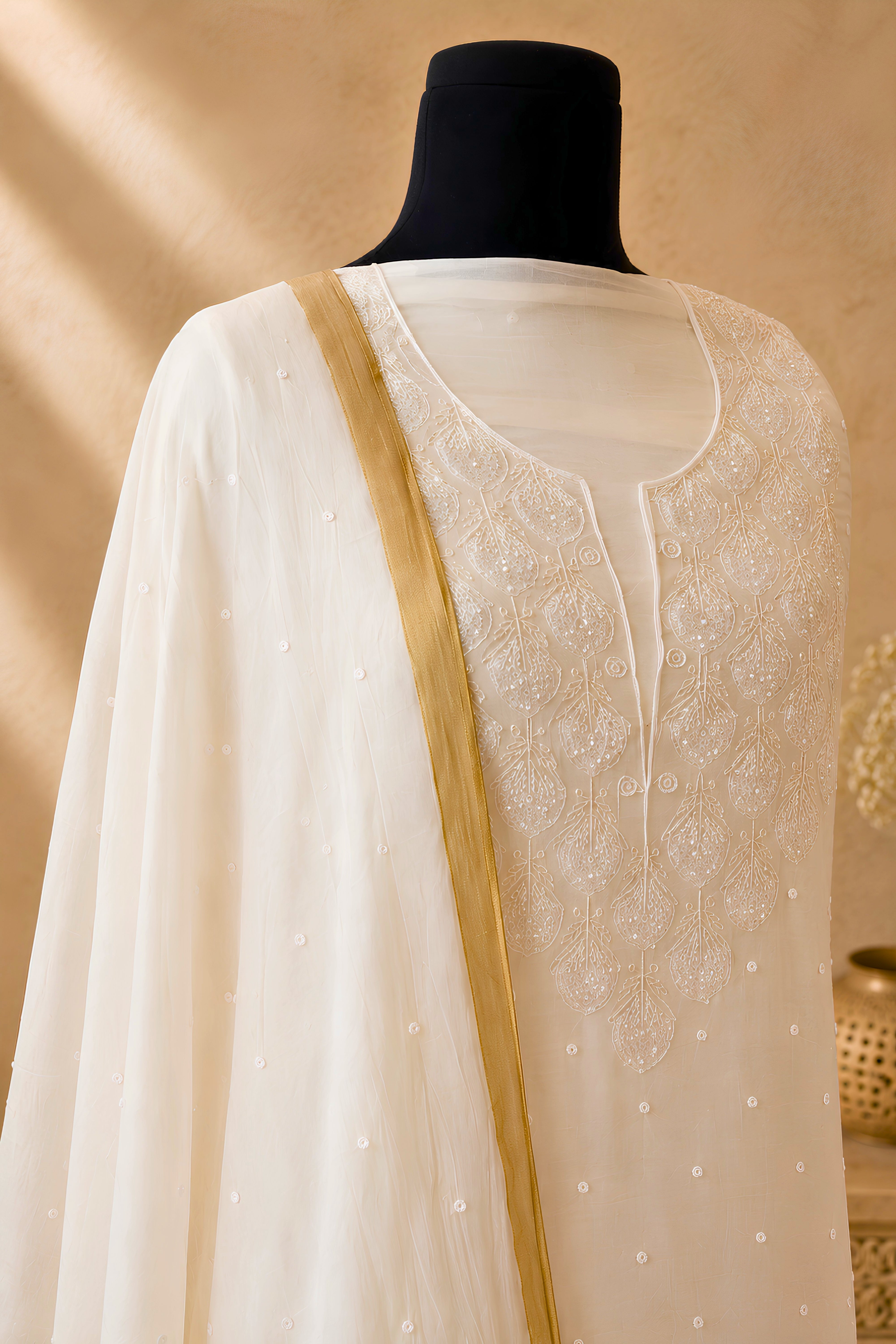 Premium Dyeable Chikankari Mul Chanderi Unstitched Suit Set with Zari Border Dupatta