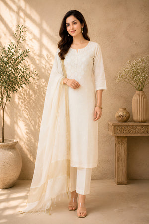 Premium Dyeable Chikankari Mul Chanderi Unstitched Suit Set with Zari Border Dupatta