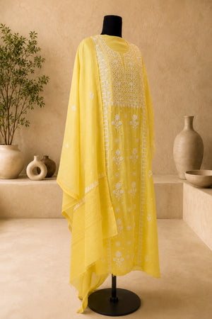 Lemon Yellow Chikankari Mul Chanderi Unstitched Suit Set
