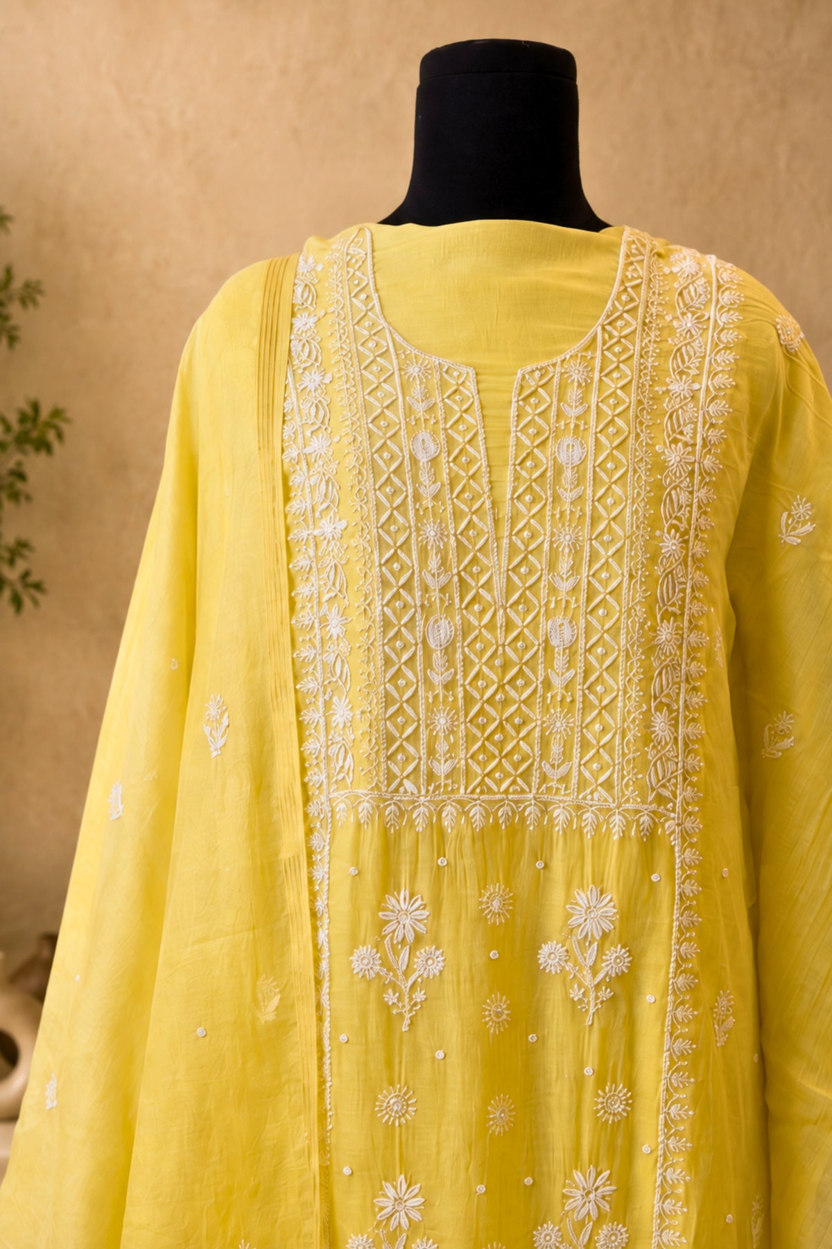 Lemon Yellow Chikankari Mul Chanderi Unstitched Suit Set