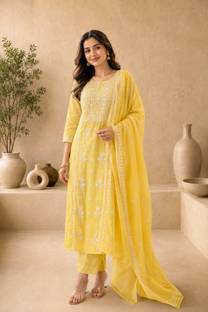 Lemon Yellow Chikankari Mul Chanderi Unstitched Suit Set