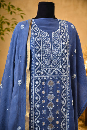 Denim Blue Chikankari Mul Chanderi Unstitched Suit Set