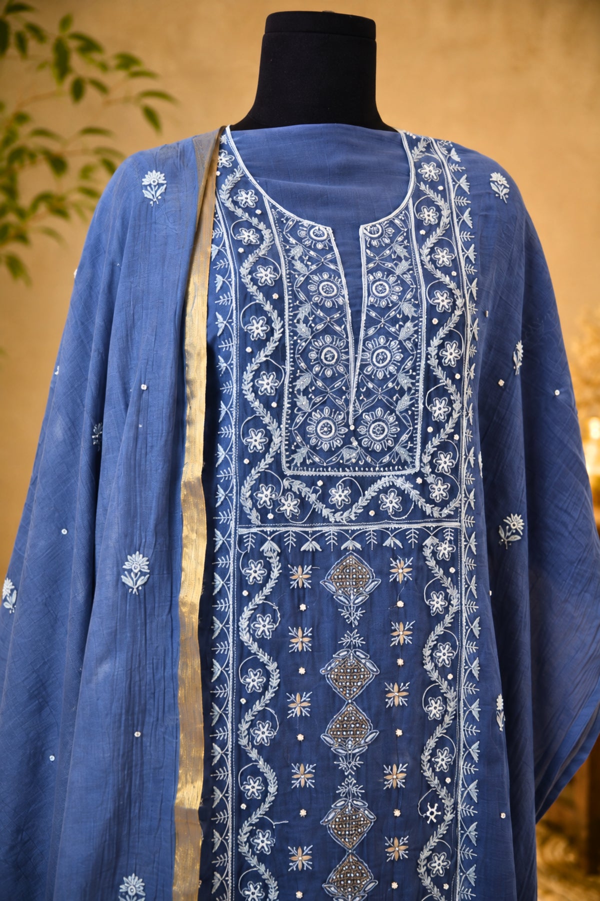 Denim Blue Chikankari Mul Chanderi Unstitched Suit Set