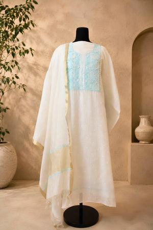 Premium Dyeable Chikankari Mul Chanderi Unstitched Suit Premium Dyeable Mul Chanderi Unstitched Suit Set with Aqua Blue Chikankari & Zari DupattaSet with Aqua Blue Embroidery & Zari Dupatta