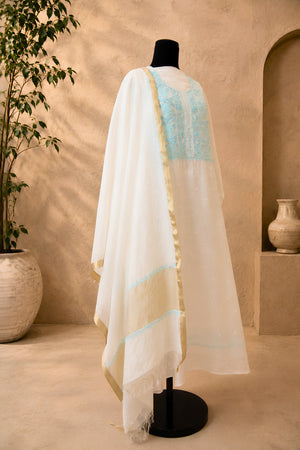 Premium Dyeable Chikankari Mul Chanderi Unstitched Suit Premium Dyeable Mul Chanderi Unstitched Suit Set with Aqua Blue Chikankari & Zari DupattaSet with Aqua Blue Embroidery & Zari Dupatta