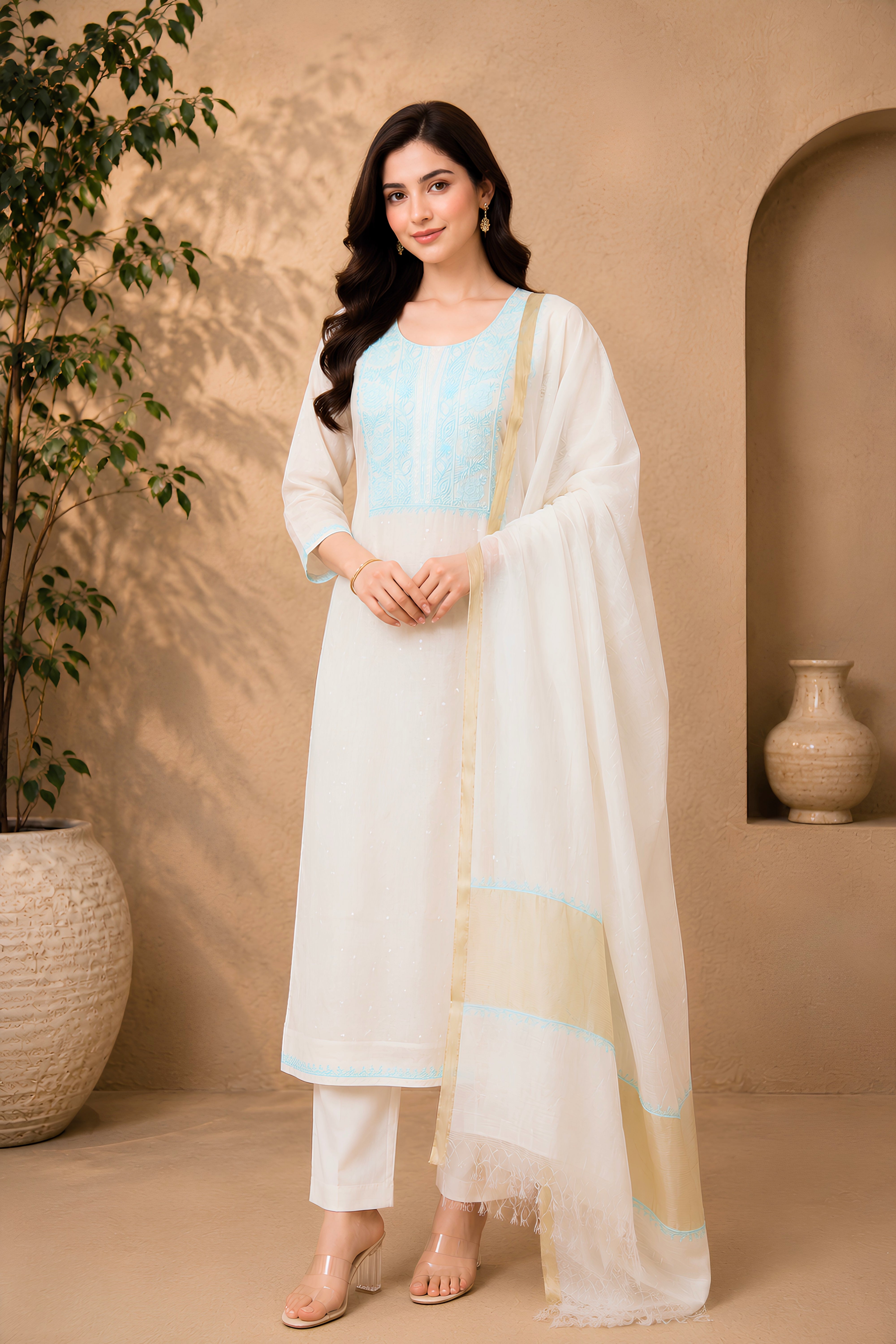 Premium Dyeable Chikankari Mul Chanderi Unstitched Suit Premium Dyeable Mul Chanderi Unstitched Suit Set with Aqua Blue Chikankari & Zari DupattaSet with Aqua Blue Embroidery & Zari Dupatta