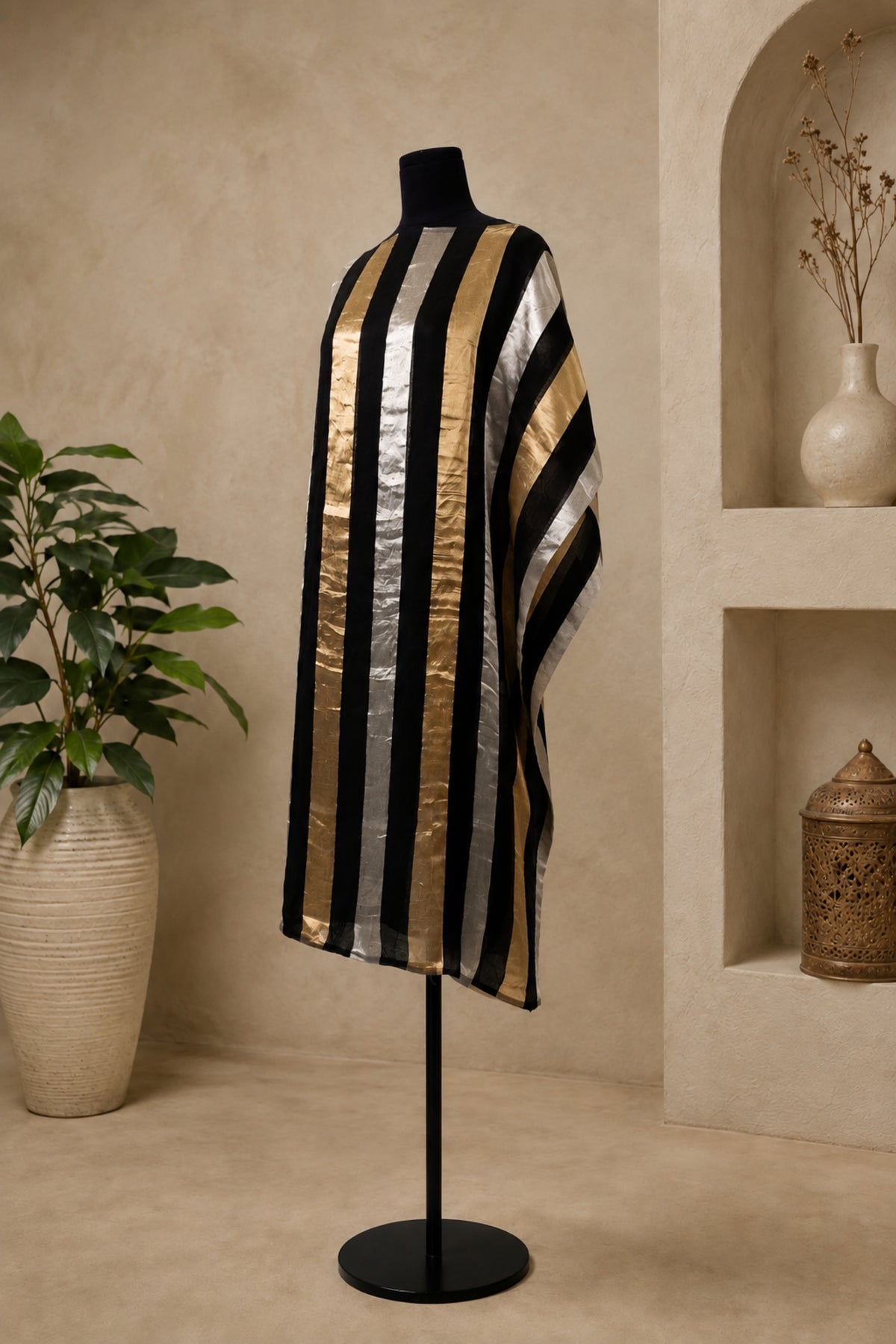 Black & Metallic Striped Organza Unstitched Suit Material by Label Tamanna