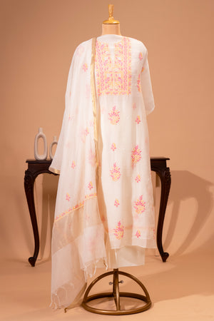 Ivory White Mul Chikankari Unstitched Suit Set by Label Tamanna
