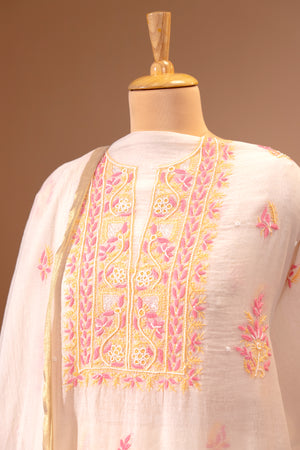 Ivory White Mul Chikankari Unstitched Suit Set by Label Tamanna