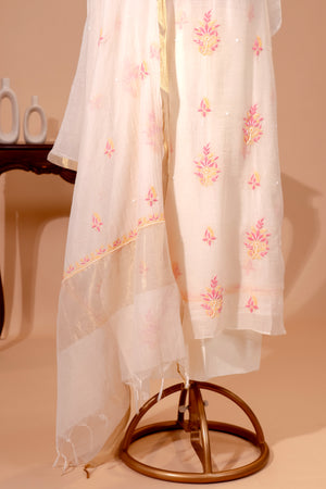 Ivory White Mul Chikankari Unstitched Suit Set by Label Tamanna