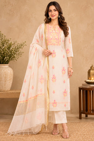Ivory White Mul Chikankari Unstitched Suit Set by Label Tamanna